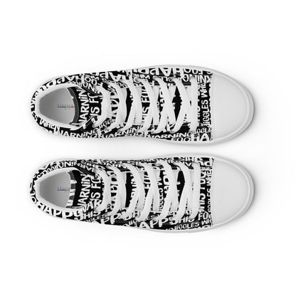 HappyStuff mens black high tops with playful white print Warning This Foot Jiggles When Happy top view laces faux leather toe cap