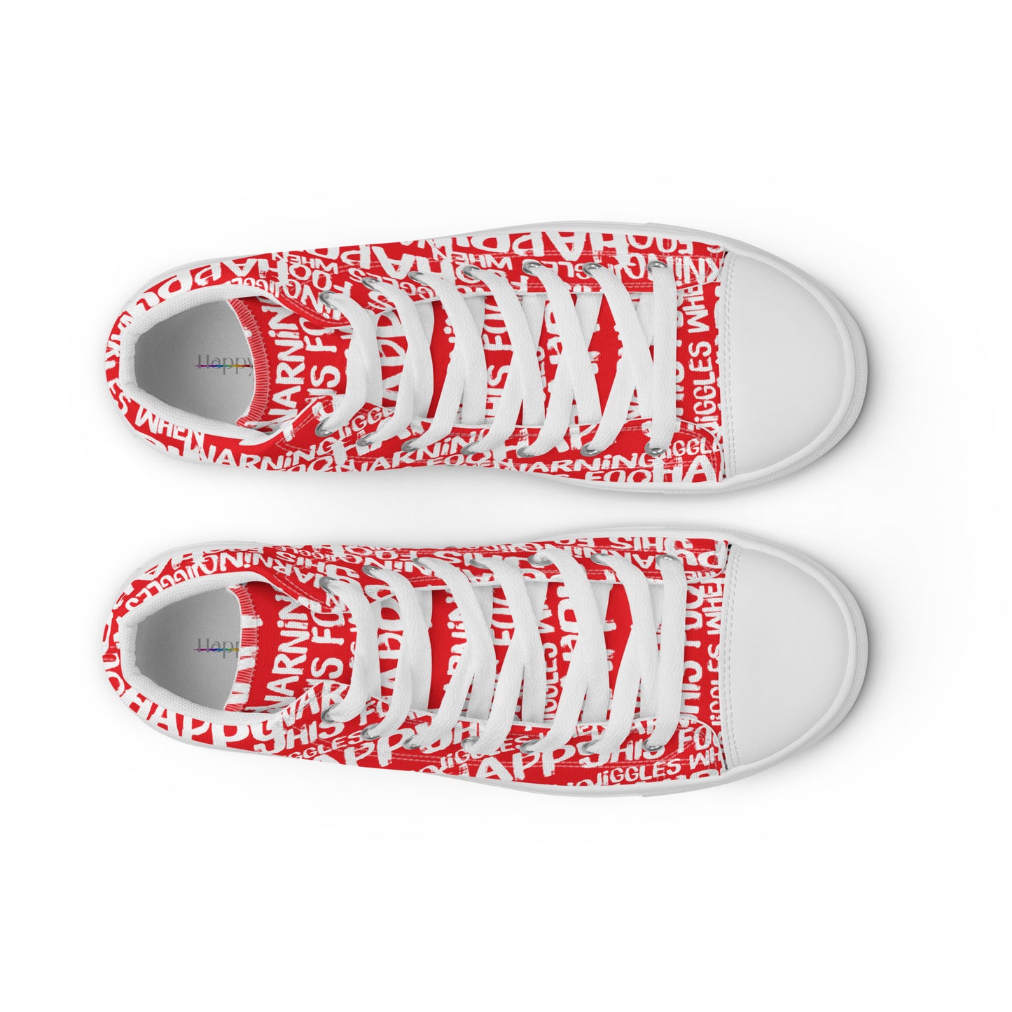 HappyStuff mens red high tops with playful white print Warning This Foot Jiggles When Happy top view laces faux leather toe cap