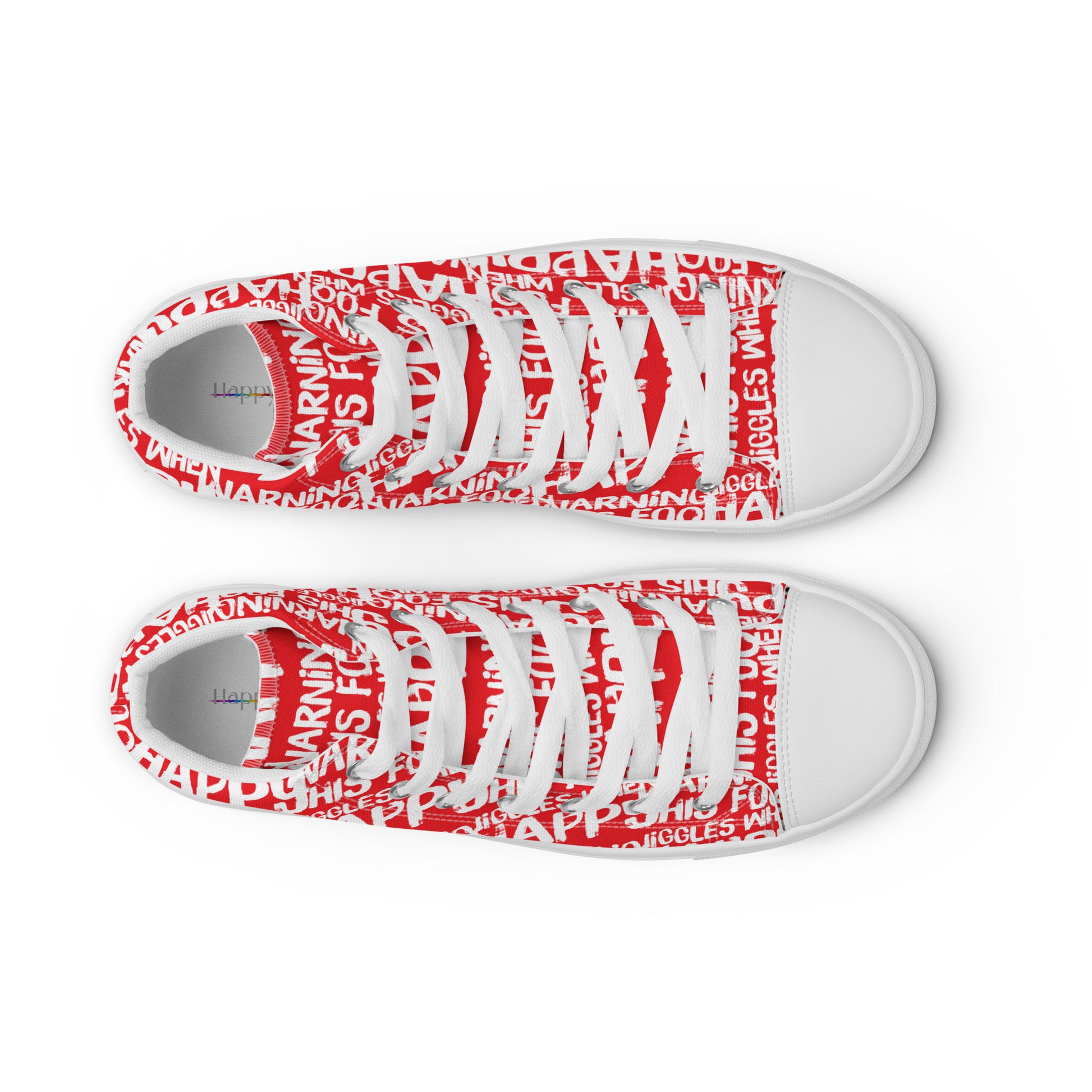 HappyStuff mens red high tops with playful white print Warning This Foot Jiggles When Happy top view laces faux leather toe cap