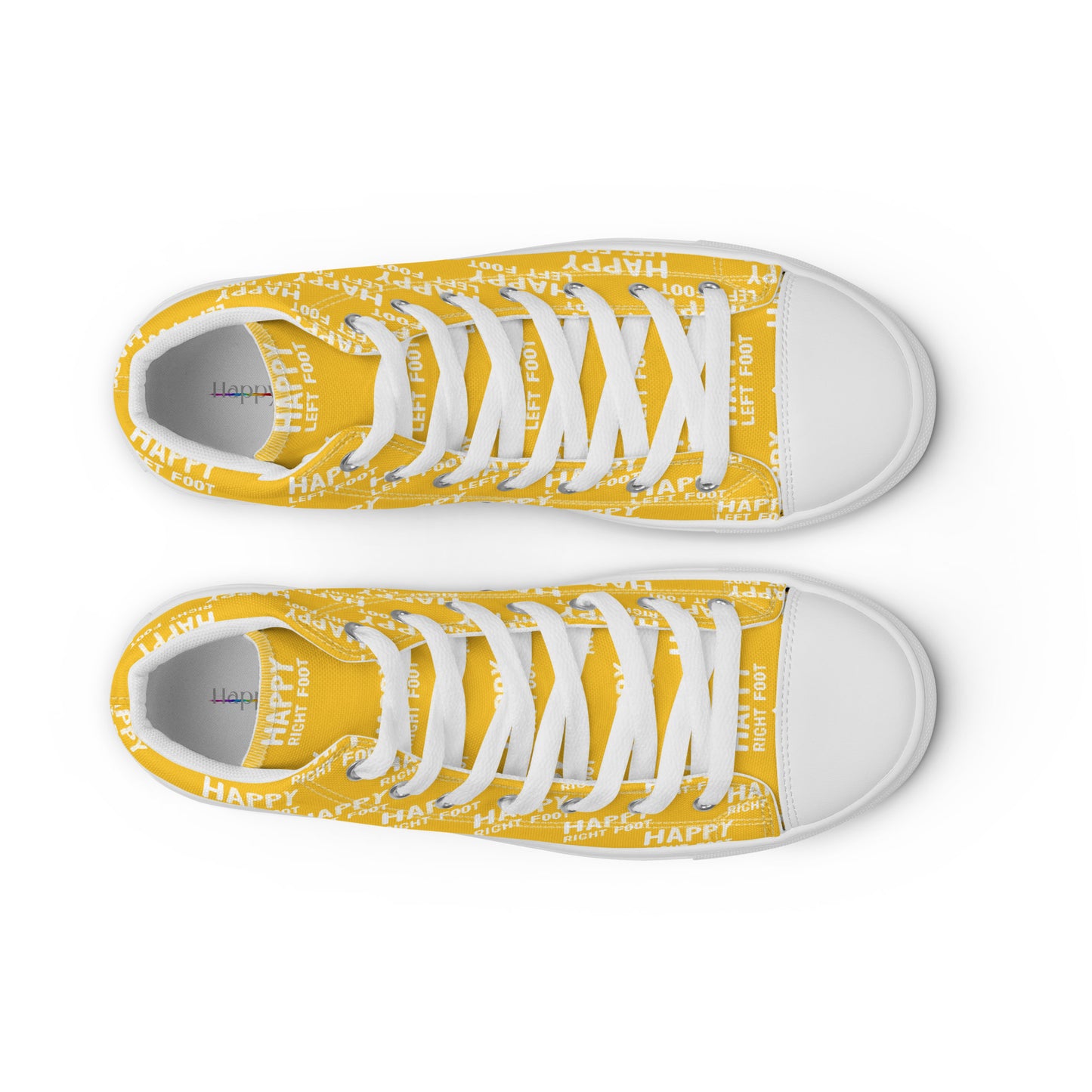 HappyStuff mens yellow high tops top view faux leather toe cap laced Happy Left Foot Happy Right Foot Pattern Print on relevant shoe