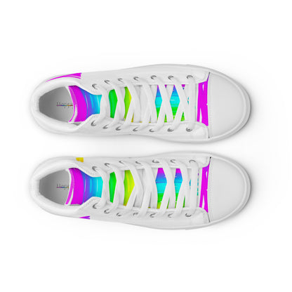 HappyStuff mens white high tops rainbow shoes Happy Rainbow Painted Print bright colours top view faux leather toe cap laced