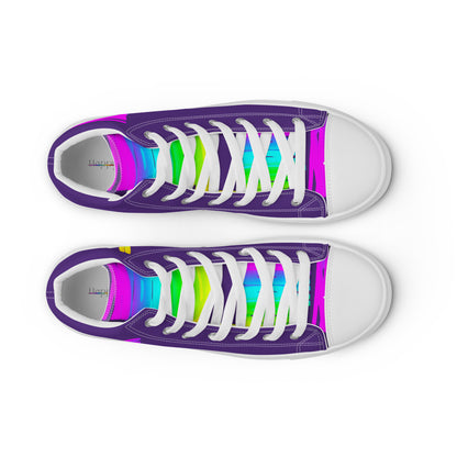 HappyStuff mens purple high tops rainbow shoes Happy Rainbow Painted Print bright colours top view faux leather toe cap laced