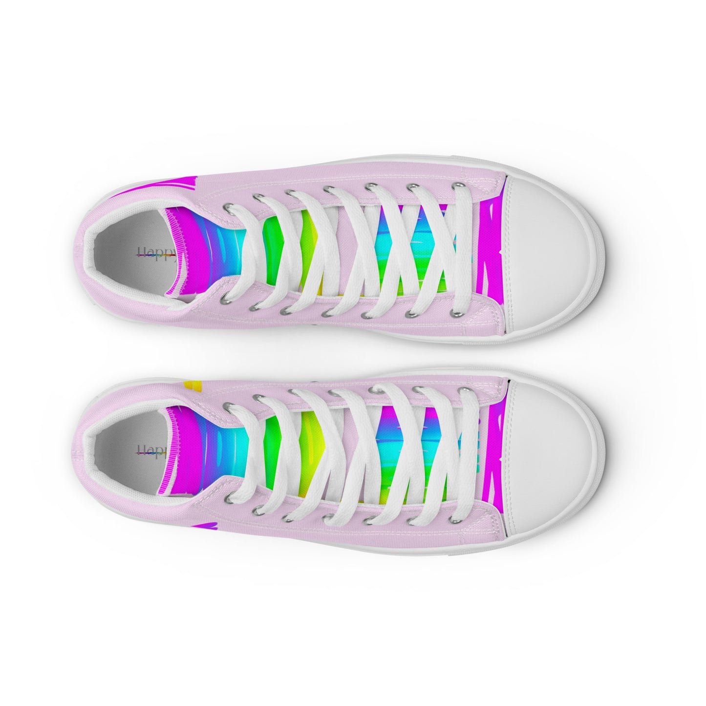 HappyStuff mens pink high tops rainbow shoes Happy Rainbow Painted Print bright colours top view faux leather toe cap laced