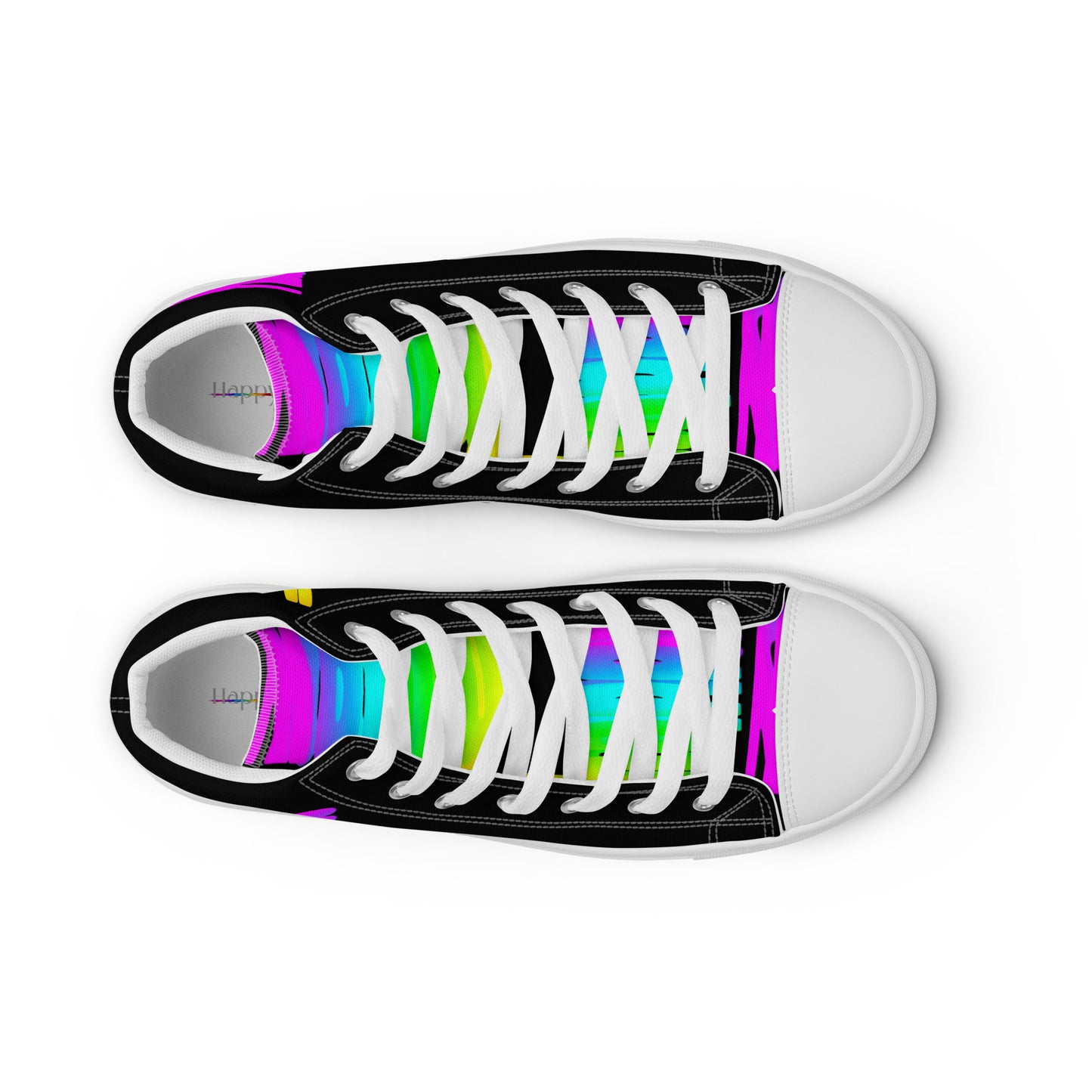 HappyStuff mens black high tops rainbow shoes Happy Rainbow Painted Print bright colours top view faux leather toe cap laced