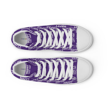 HappyStuff mens purple high tops top view faux leather toe cap laced Happy Left Foot Happy Right Foot Pattern Print on relevant shoe