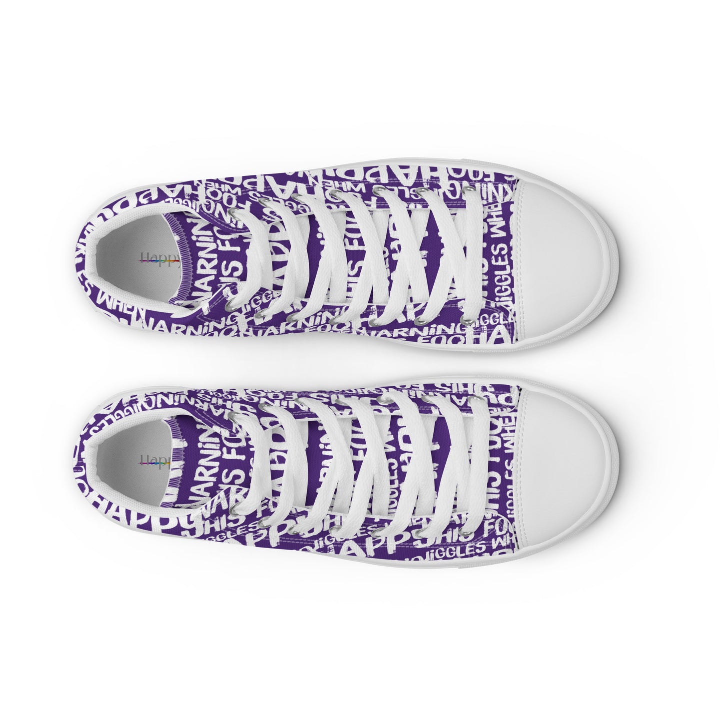 HappyStuff mens purple high tops with playful white print Warning This Foot Jiggles When Happy top view laces faux leather toe cap