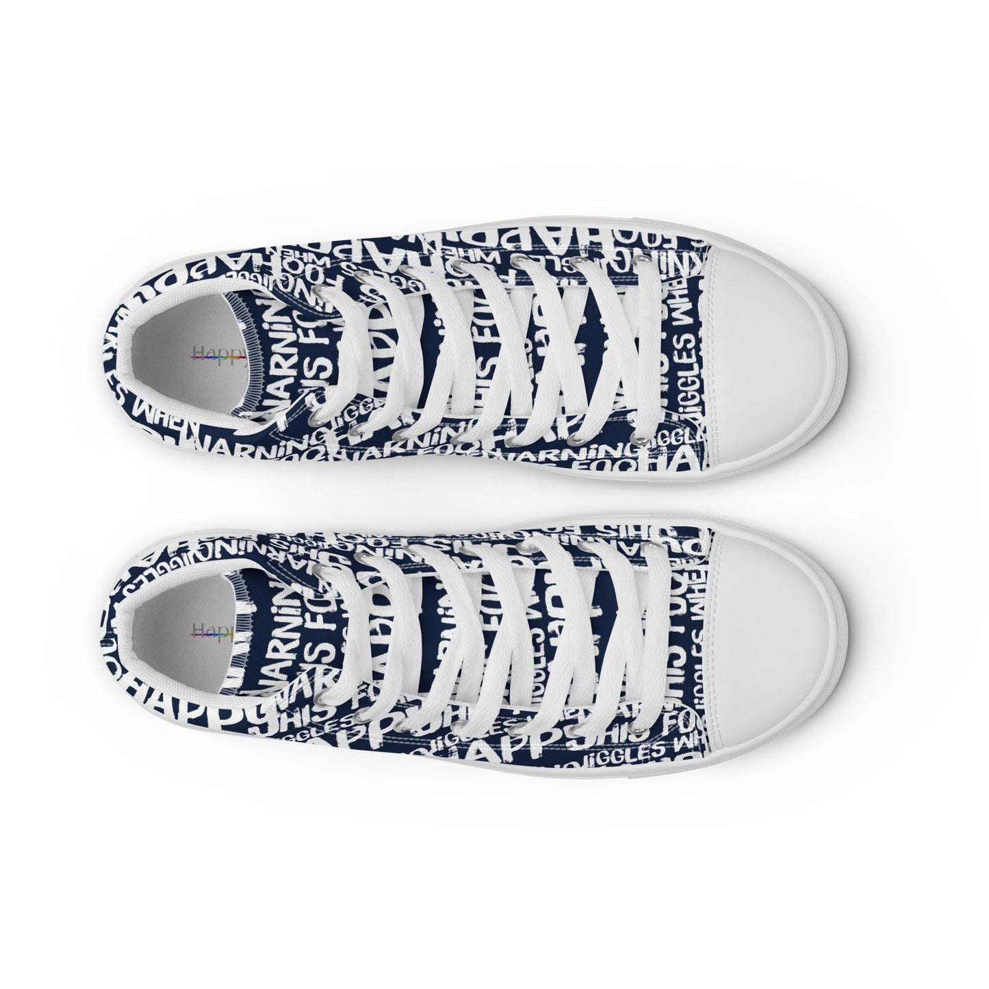 HappyStuff mens navy blue high tops with playful white print Warning This Foot Jiggles When Happy top view laces faux leather toe cap