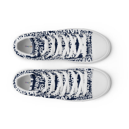 HappyStuff mens navy blue high tops with playful white print Warning This Foot Jiggles When Happy top view laces faux leather toe cap