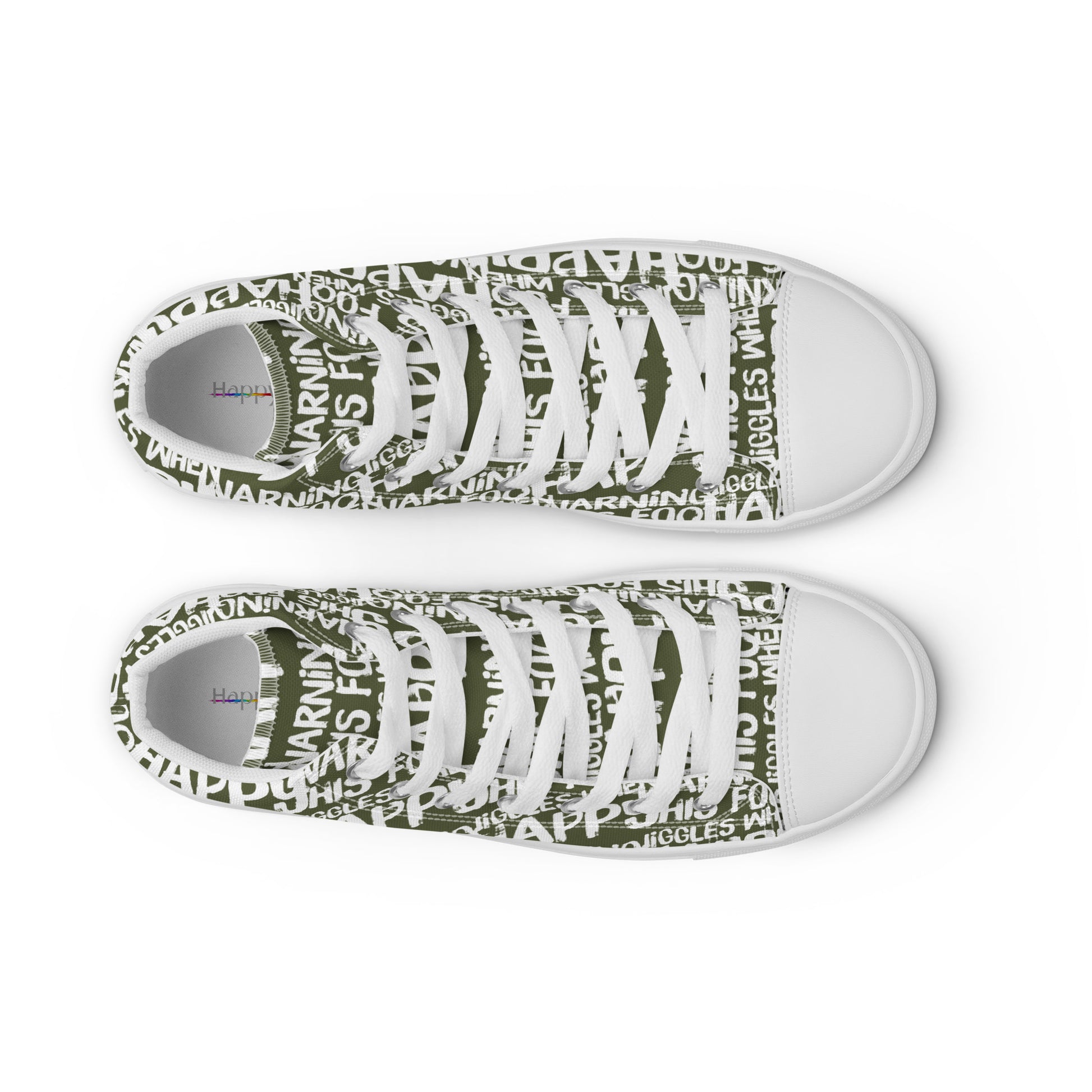 HappyStuff mens khaki green high tops with playful white print Warning This Foot Jiggles When Happy top view laces faux leather toe cap