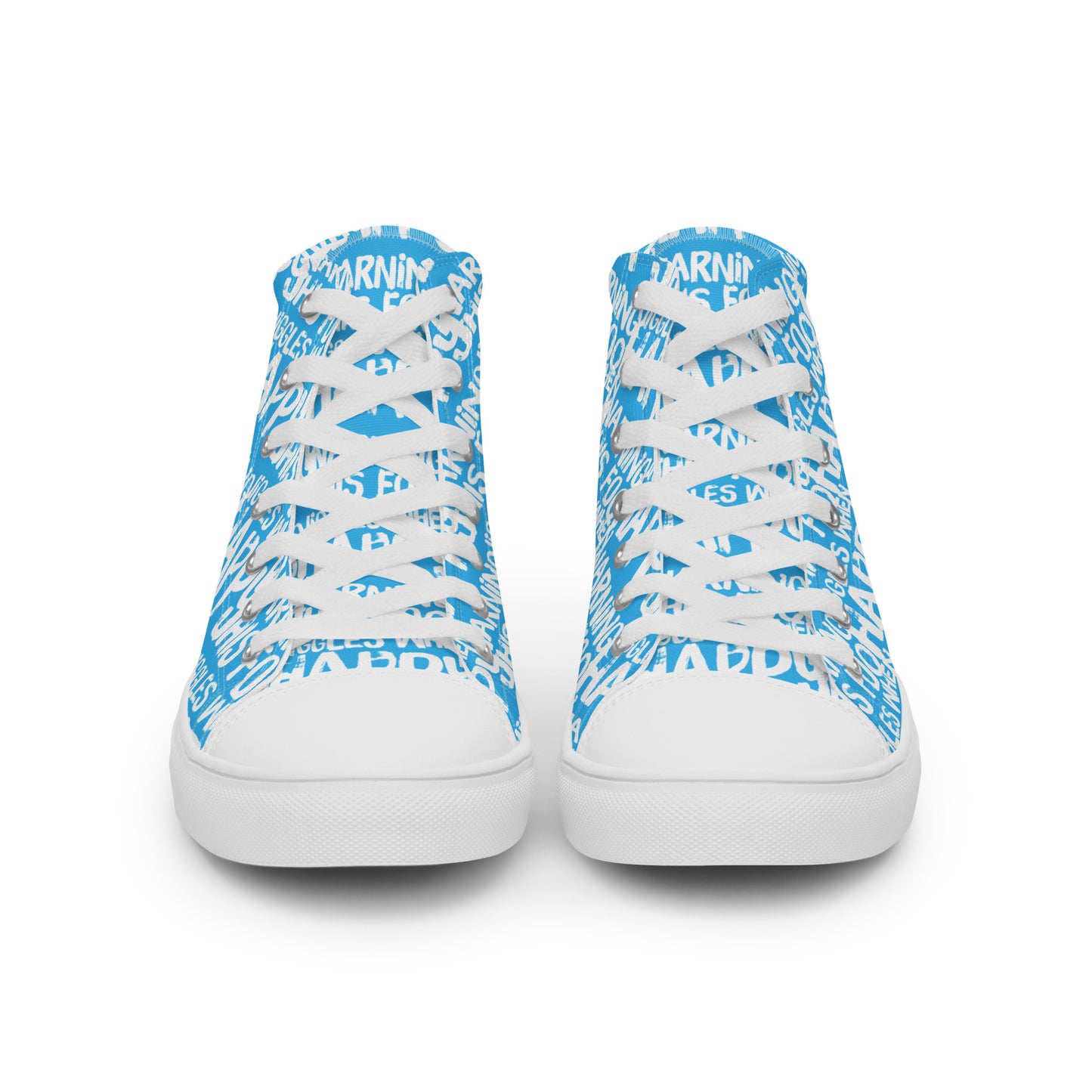 Front view laced up mens sneakers HappyStuff blue high tops with playful white print Warning This Foot Jiggles When Happy