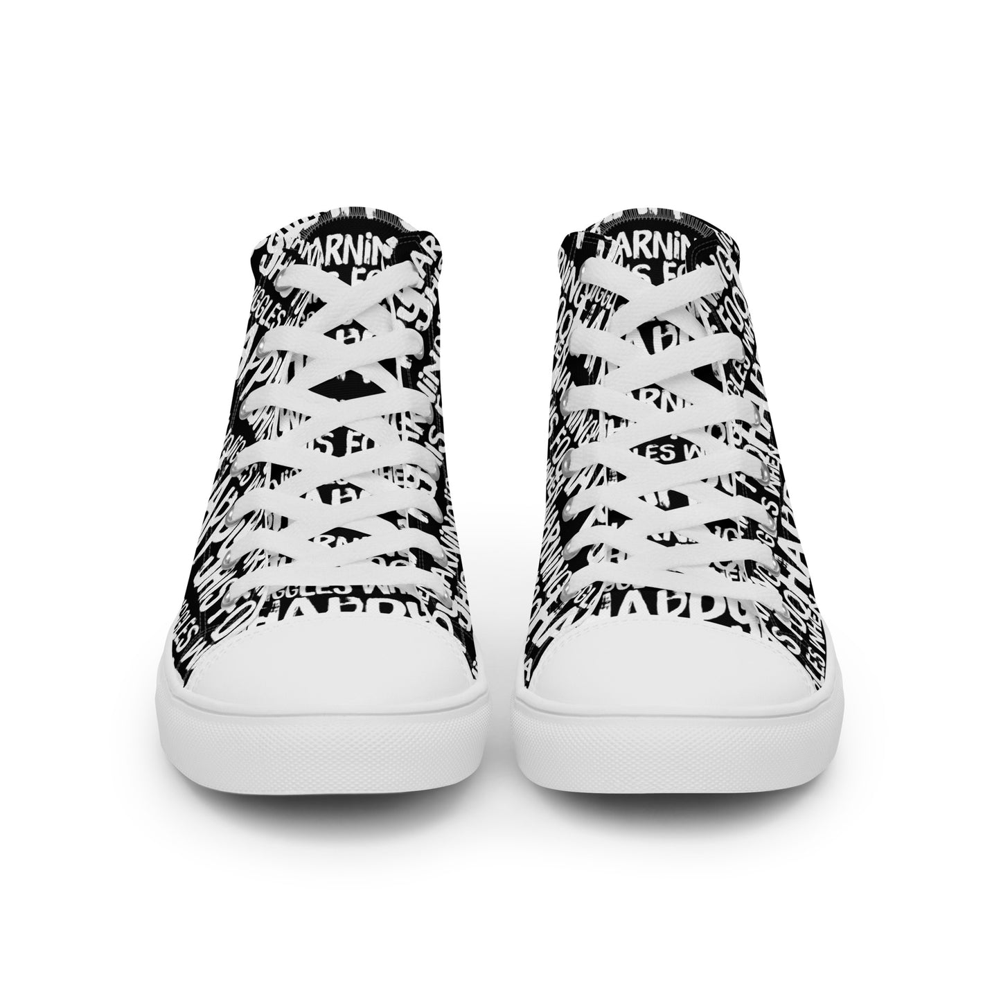 Front view laced up mens sneakers HappyStuff black high tops with playful white print Warning This Foot Jiggles When Happy