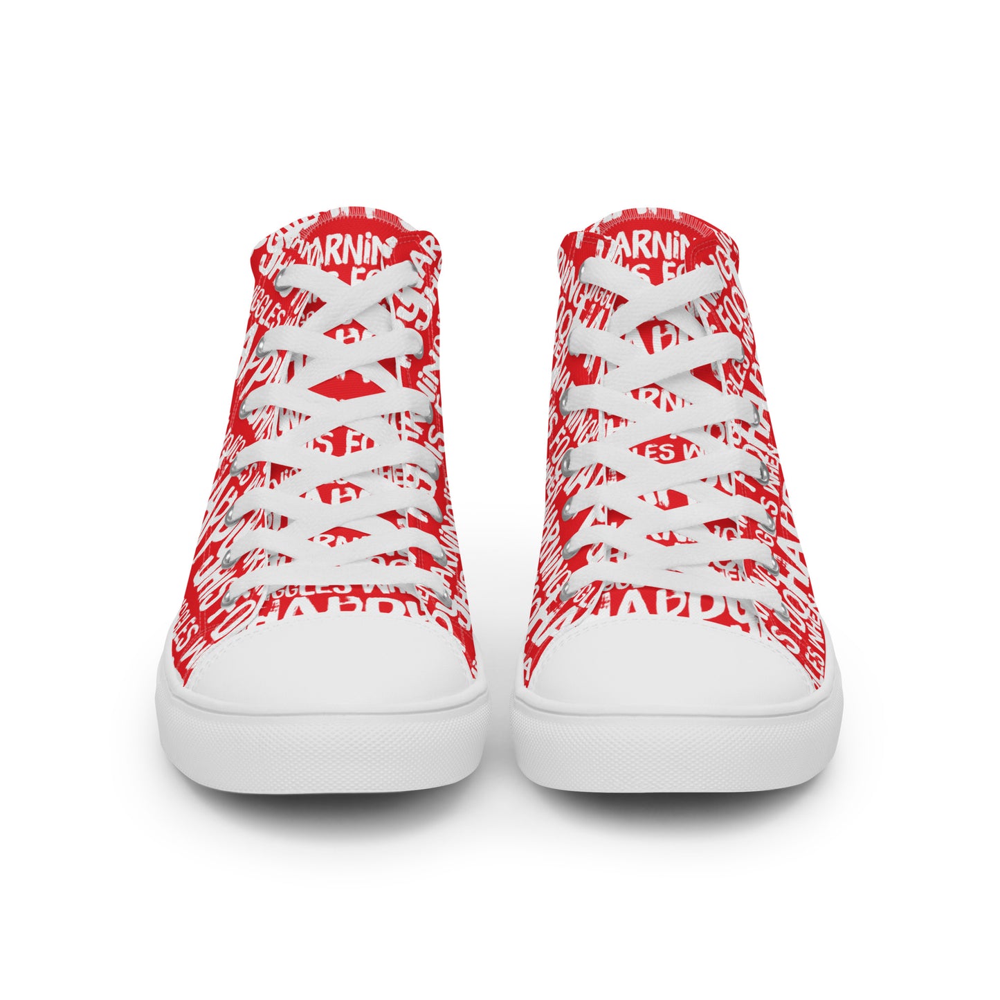 Front view laced up mens sneakers HappyStuff red high tops with playful white print Warning This Foot Jiggles When Happy