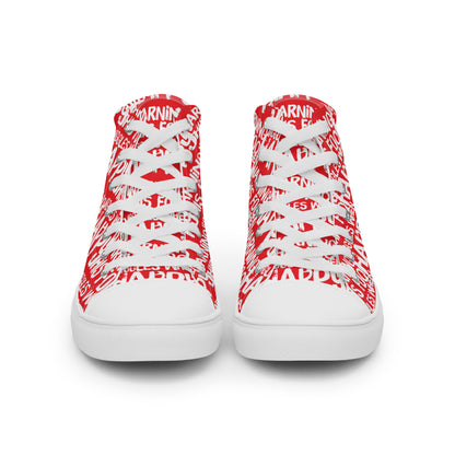 Front view laced up mens sneakers HappyStuff red high tops with playful white print Warning This Foot Jiggles When Happy