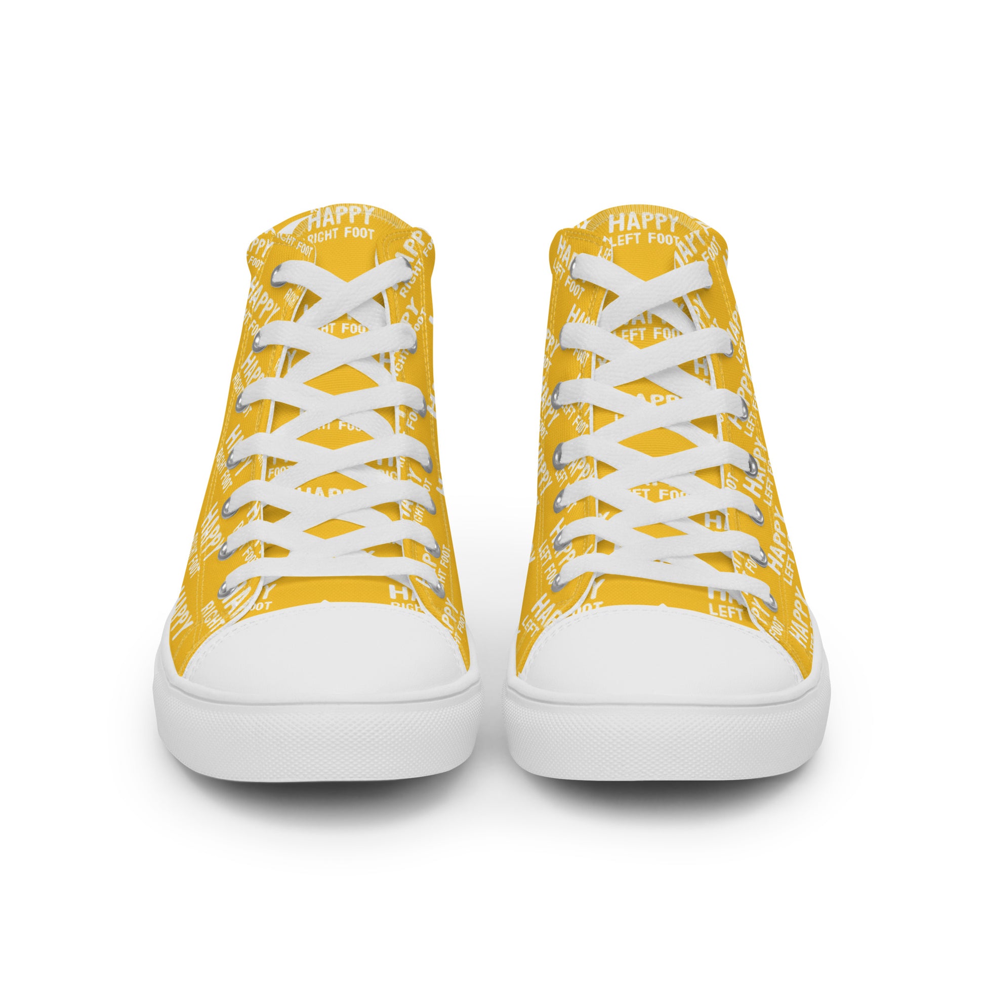 Front view laced up mens sneakers HappyStuff yellow high tops Happy Left Foot Happy Right Foot Pattern Print each on relevant shoe