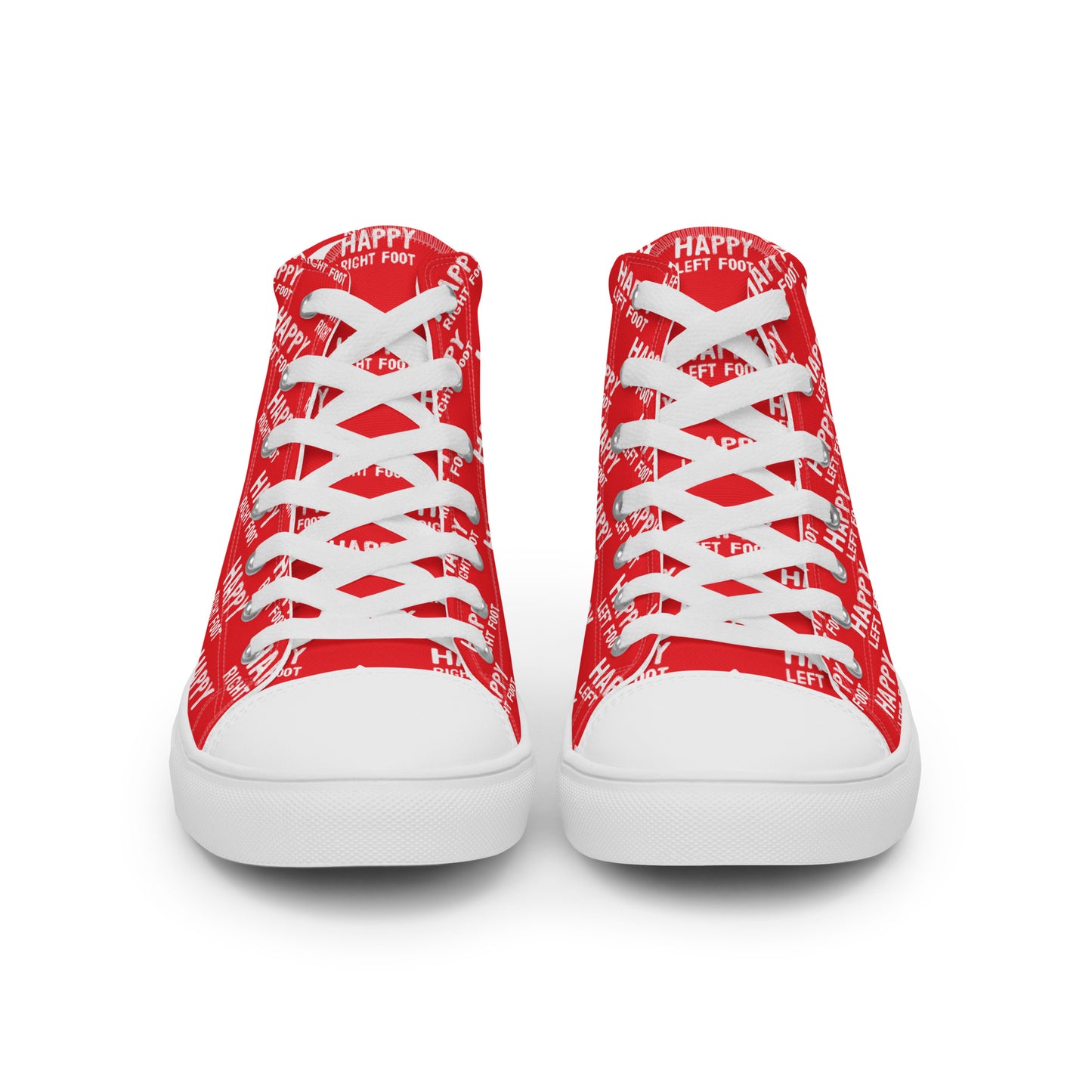 Front view laced up mens sneakers HappyStuff red high tops Happy Left Foot Happy Right Foot Pattern Print each on relevant shoe