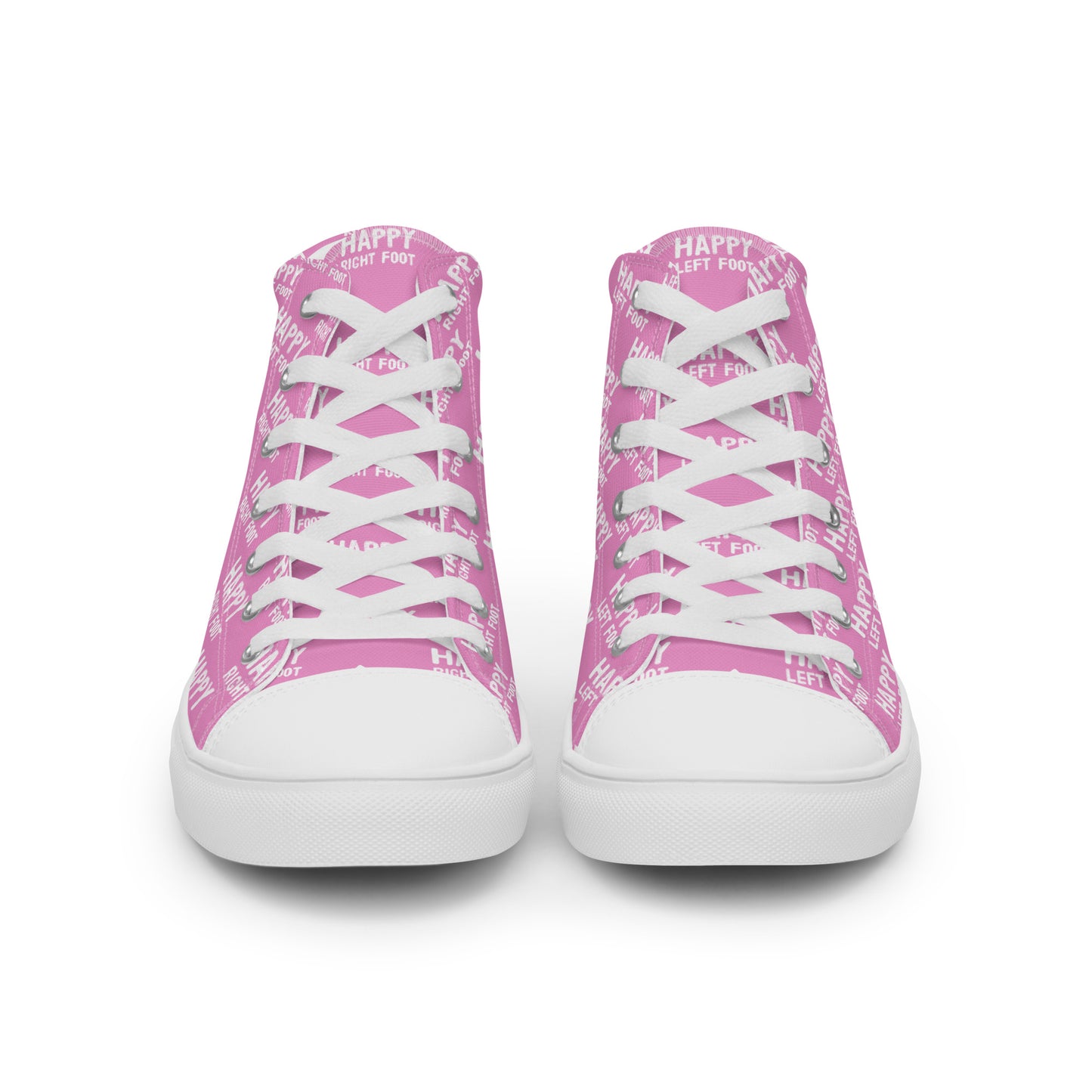 Front view laced up mens sneakers HappyStuff pink high tops Happy Left Foot Happy Right Foot Pattern Print each on relevant shoe