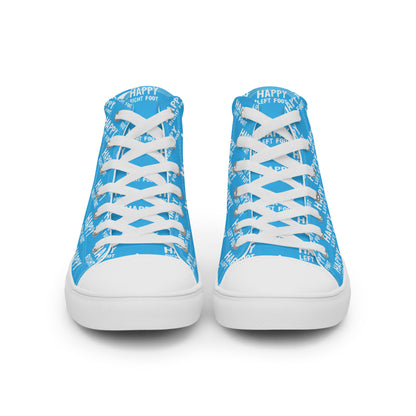 Front view laced up mens sneakers HappyStuff blue high tops Happy Left Foot Happy Right Foot Pattern Print each on relevant shoe