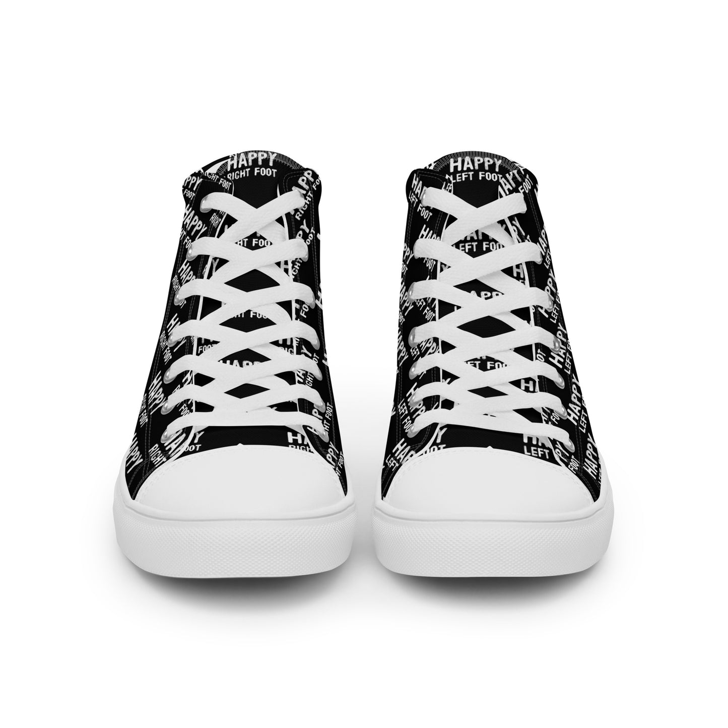 Front view laced up mens sneakers HappyStuff black high tops Happy Left Foot Happy Right Foot Pattern Print each on relevant shoe