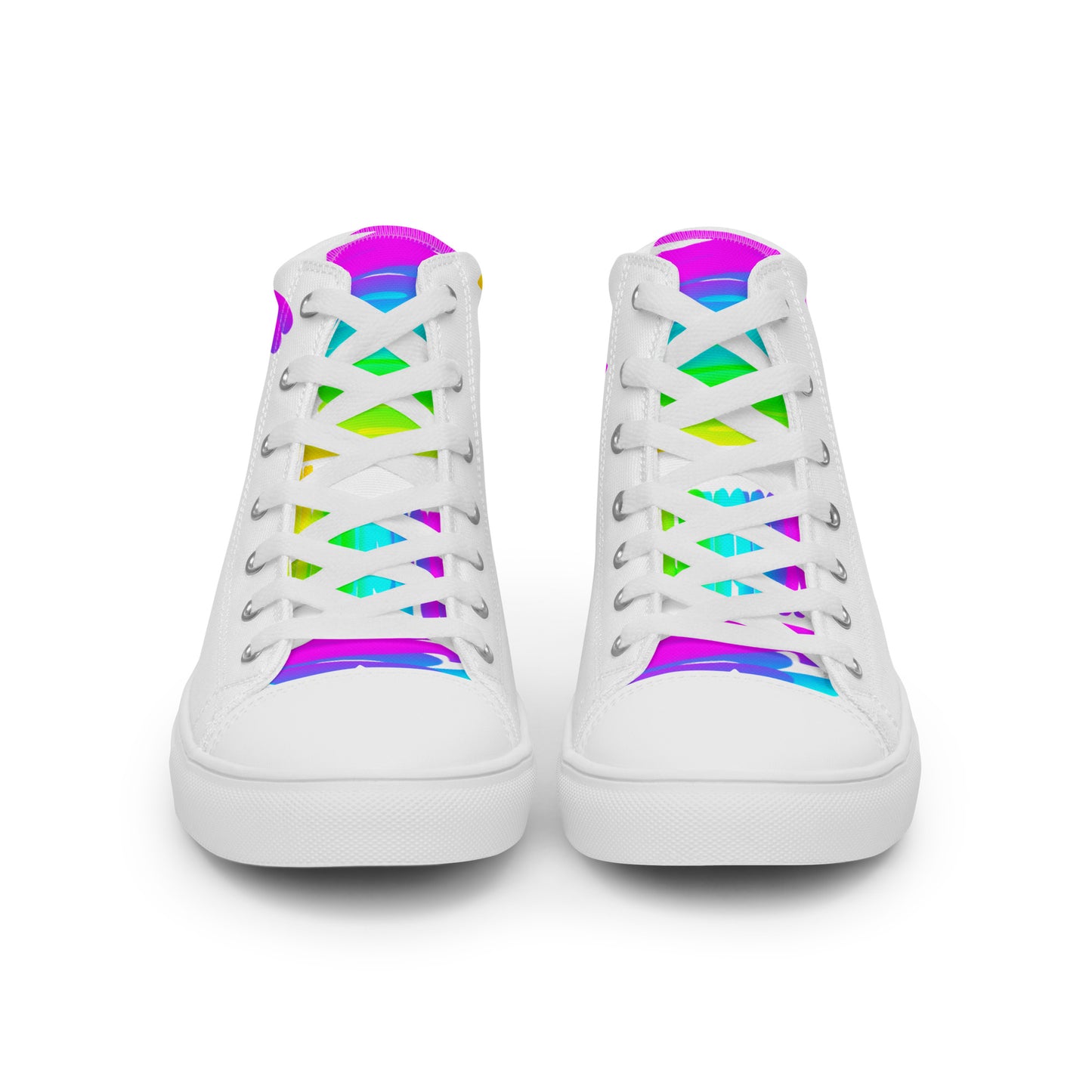 Front view laced up mens sneakers HappyStuff white high tops rainbow shoes Happy Rainbow Painted bright colour spectrum print