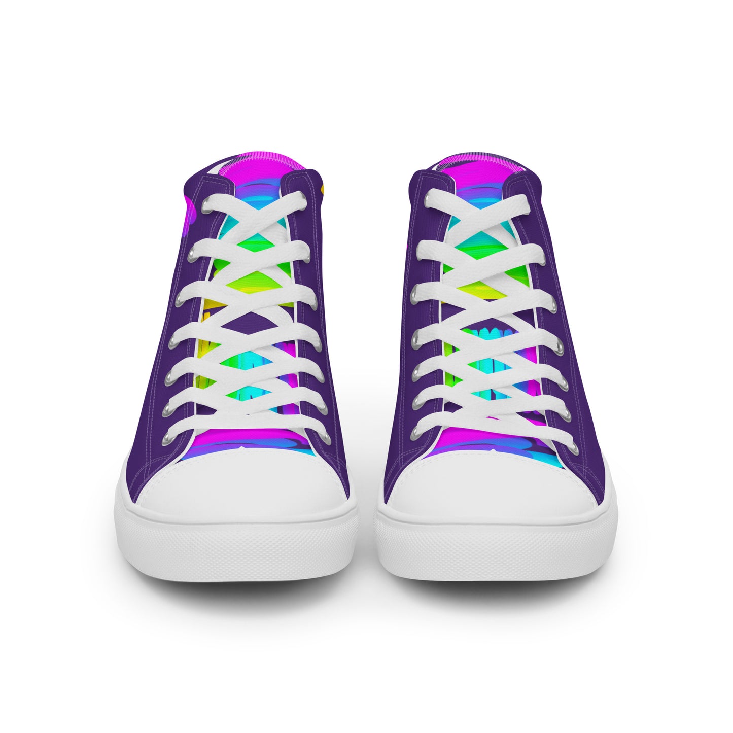 Front view laced up mens sneakers HappyStuff purple high tops rainbow shoes Happy Rainbow Painted bright colour spectrum print