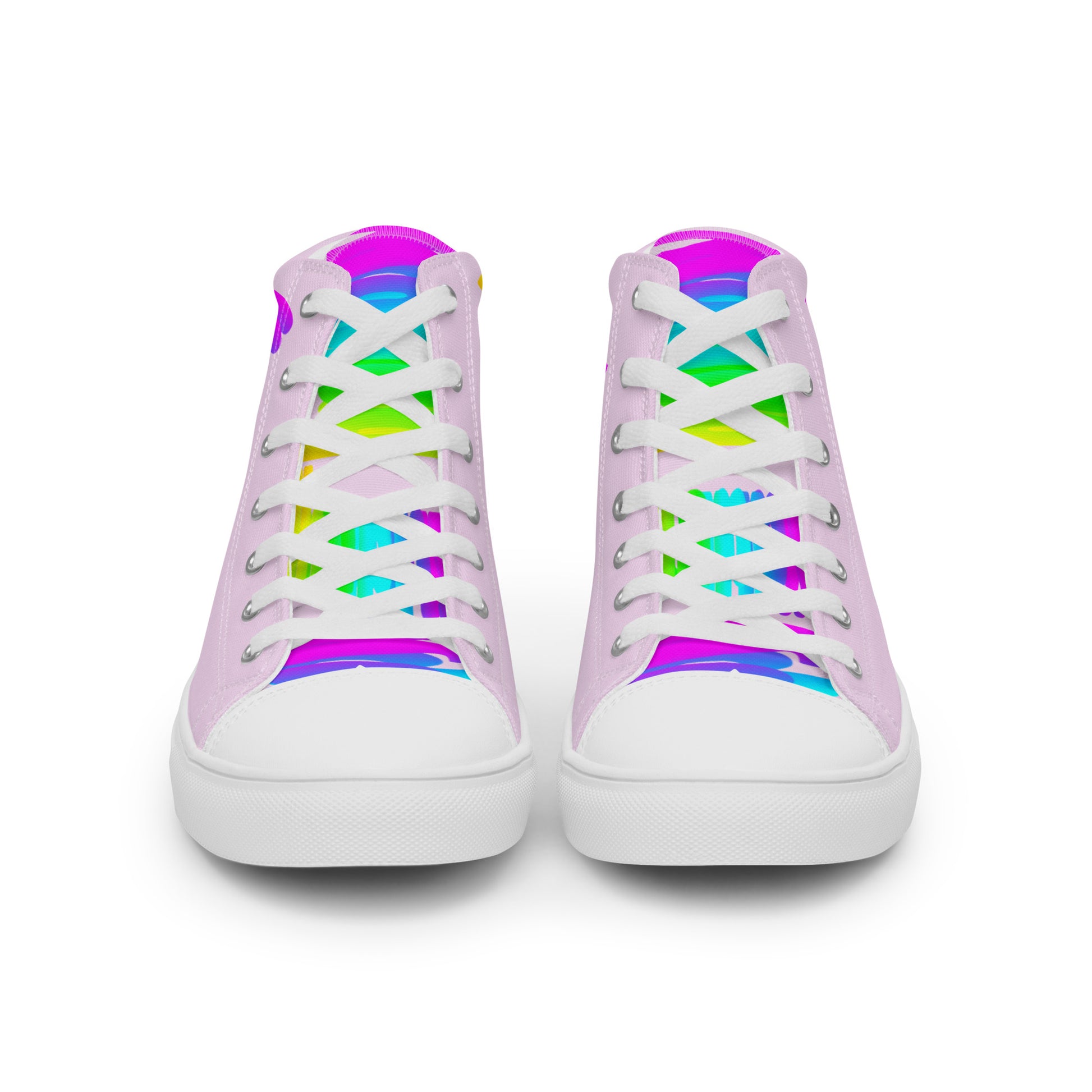 Front view laced up mens sneakers HappyStuff pink high tops rainbow shoes Happy Rainbow Painted bright colour spectrum print