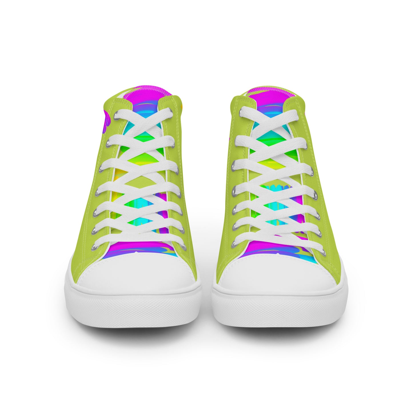 Front view laced up mens sneakers HappyStuff green high tops rainbow shoes Happy Rainbow Painted bright colour spectrum print