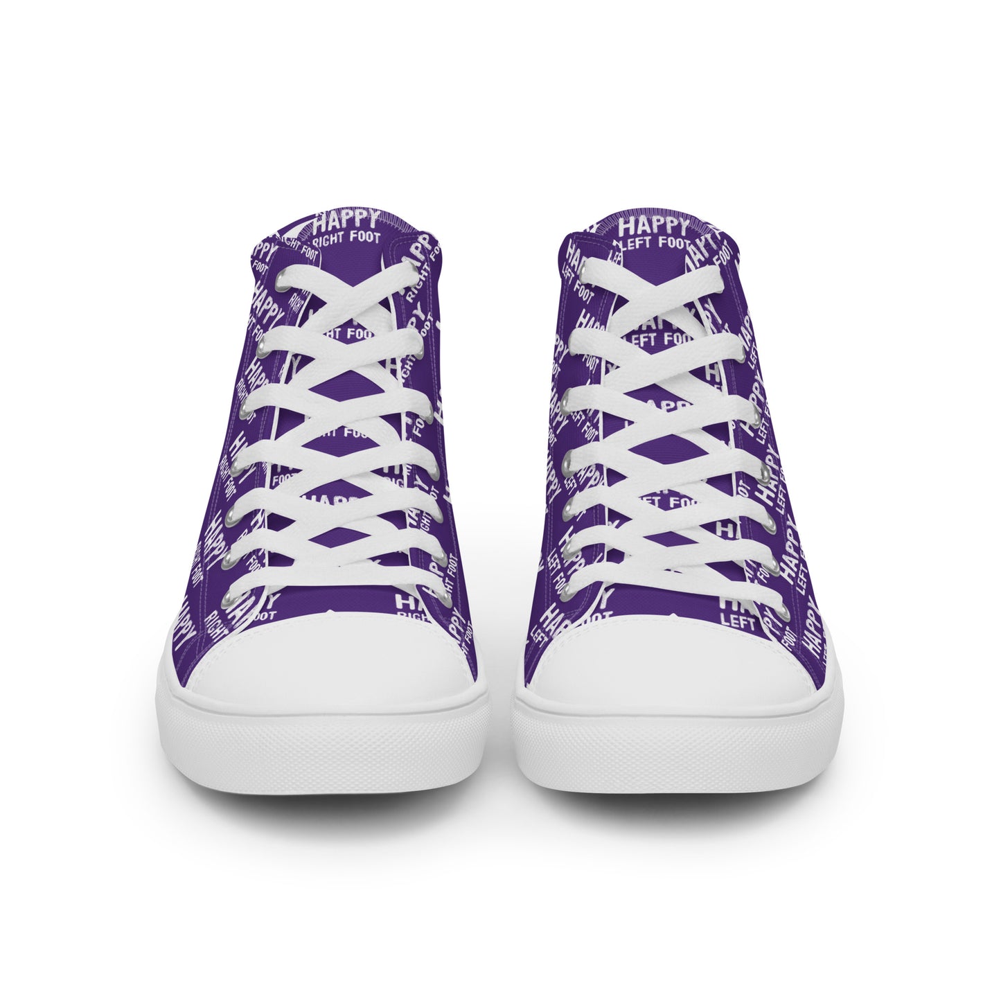 Front view laced up mens sneakers HappyStuff purple high tops Happy Left Foot Happy Right Foot Pattern Print each on relevant shoe