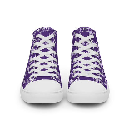 Front view laced up mens sneakers HappyStuff purple high tops Happy Left Foot Happy Right Foot Pattern Print each on relevant shoe