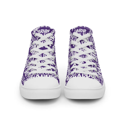 Front view laced up mens sneakers HappyStuff purple high tops with playful white print Warning This Foot Jiggles When Happy