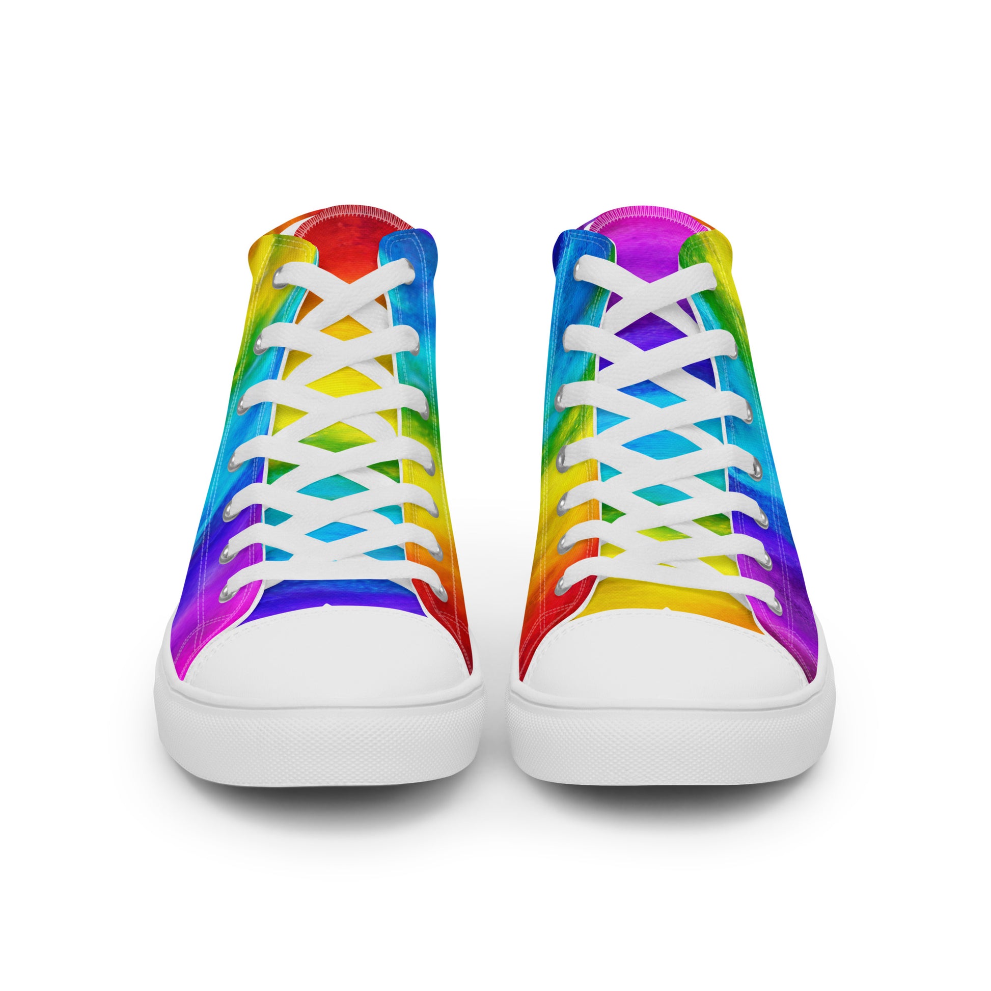 HappyStuff rainbow shoes front view white laces faux leather toe cap fun shoes holi colours printed on white high top sneakers