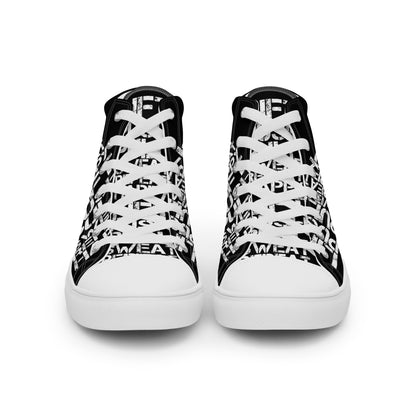 Front view laced up mens sneakers HappyStuff black high tops Happy Left Foot Happy Right Foot Pattern Print gym shoe