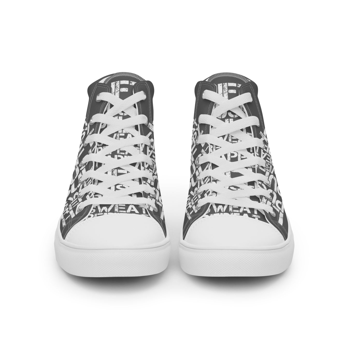 Front view laced up mens sneakers HappyStuff slate grey high tops lift push pull sweat repeat happy distress print gym shoe