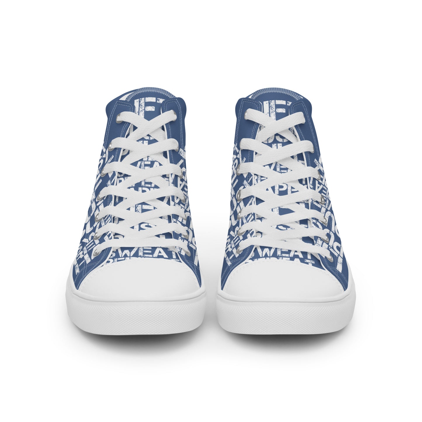 Front view laced up mens sneakers HappyStuff denim blue high tops lift push pull sweat repeat happy distress print gym shoe