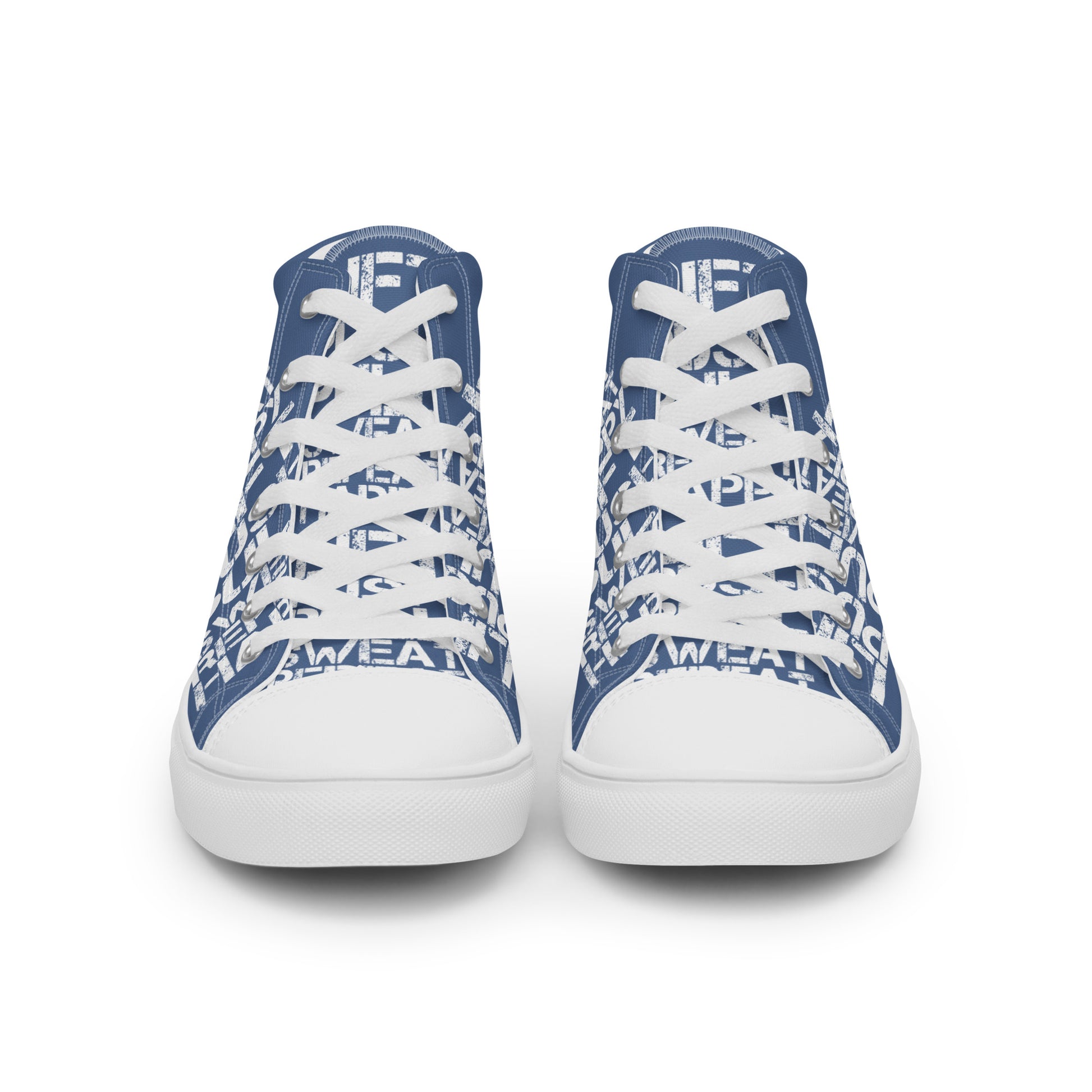 Front view laced up mens sneakers HappyStuff denim blue high tops lift push pull sweat repeat happy distress print gym shoe