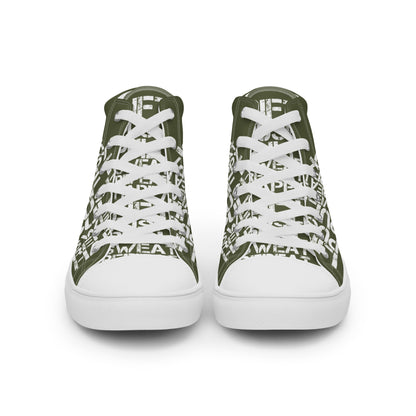 Front view laced up mens sneakers HappyStuff khaki green high tops lift push pull sweat repeat happy distress print gym shoe