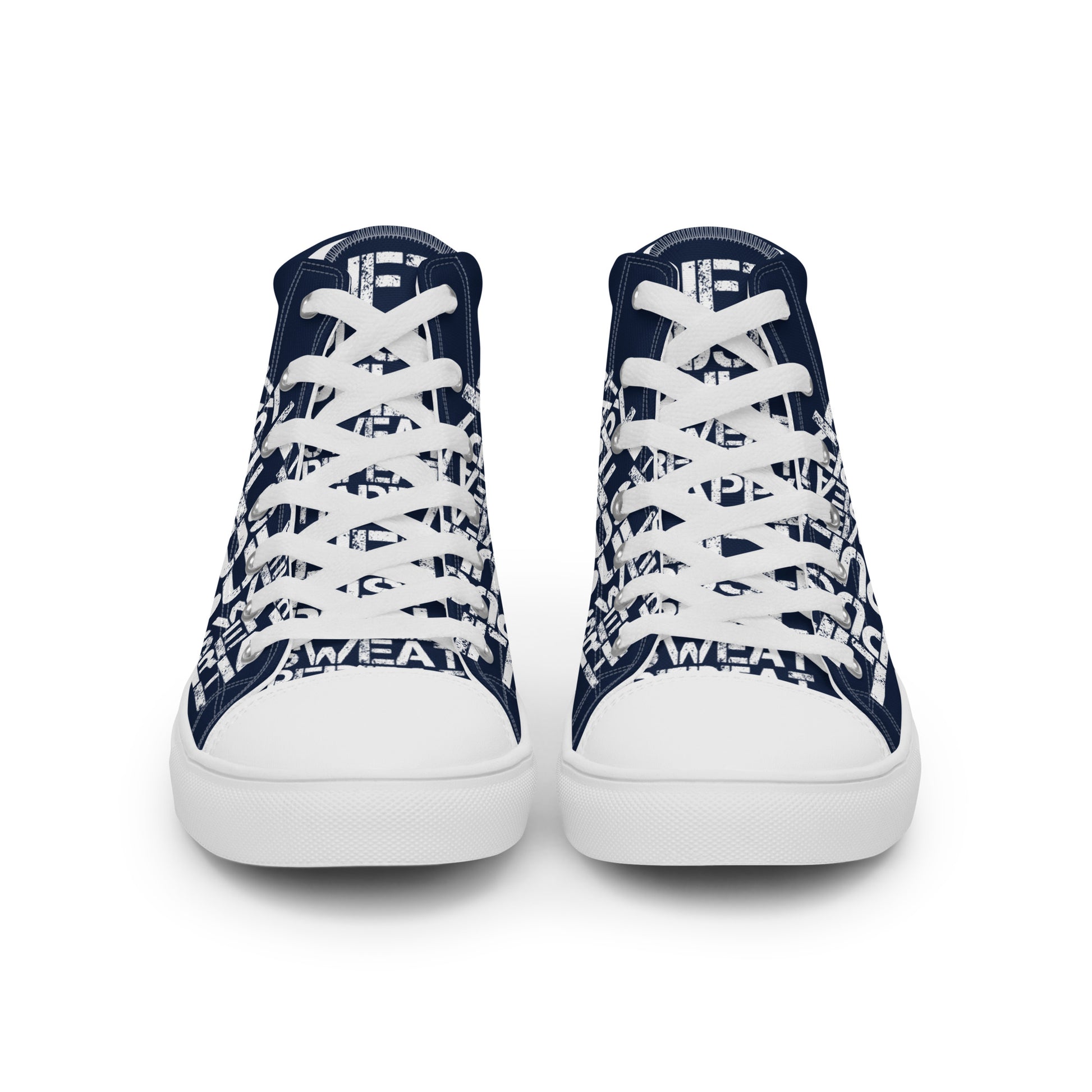 Front view laced up mens sneakers HappyStuff navy blue high tops lift push pull sweat repeat happy distress print gym shoe