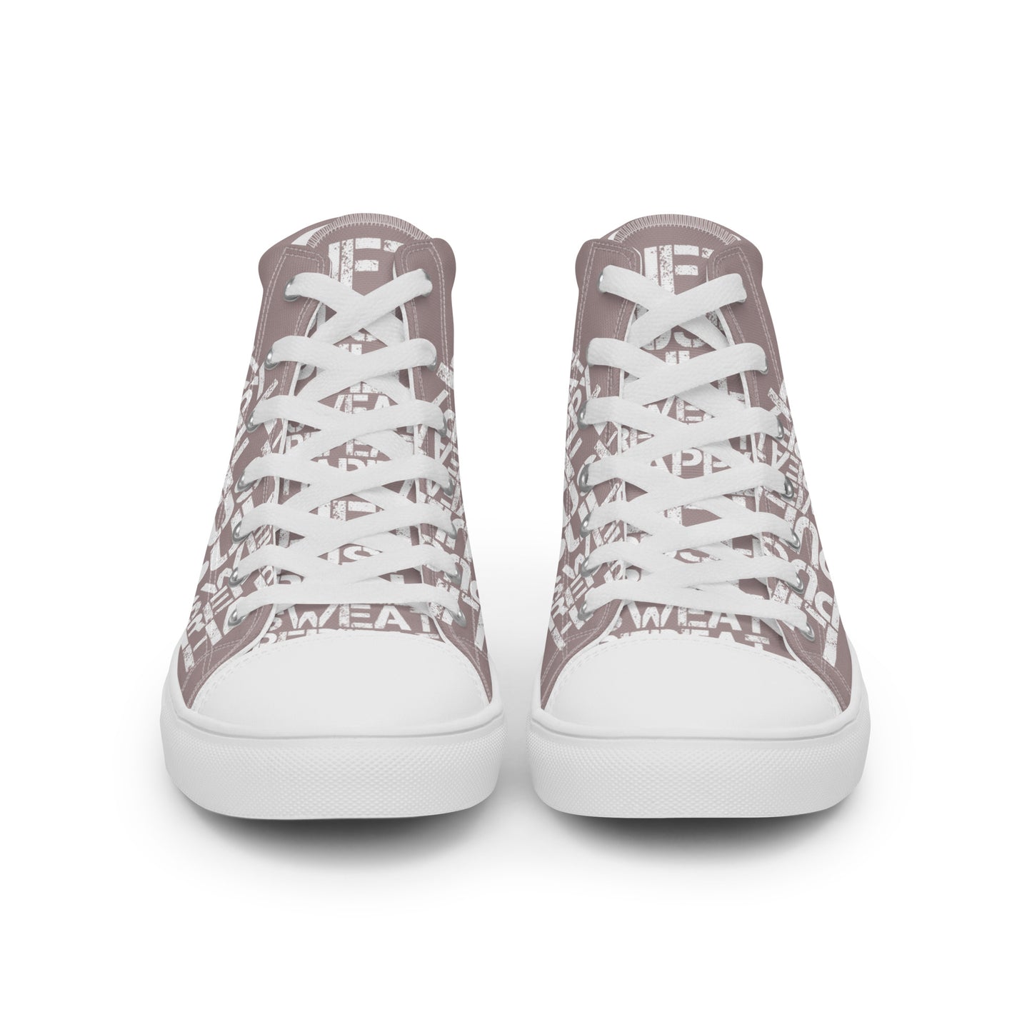 Front view laced up mens sneakers HappyStuff taupe high tops lift push pull sweat repeat happy distress print gym shoe