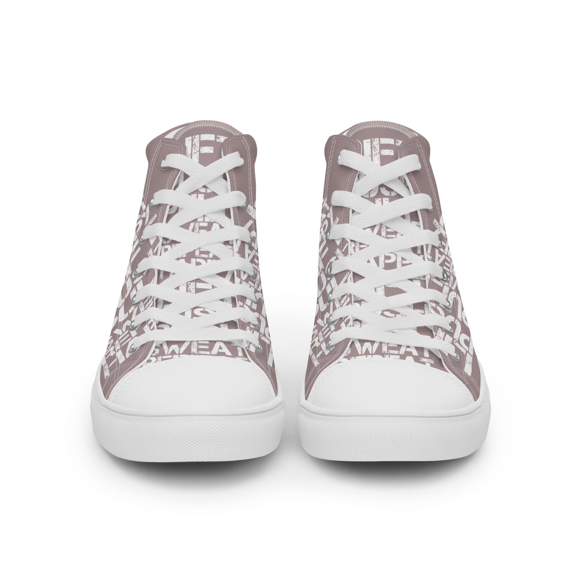 Front view laced up mens sneakers HappyStuff taupe high tops lift push pull sweat repeat happy distress print gym shoe