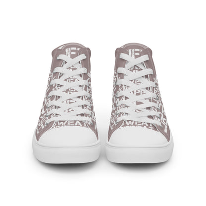 Front view laced up mens sneakers HappyStuff taupe high tops lift push pull sweat repeat happy distress print gym shoe