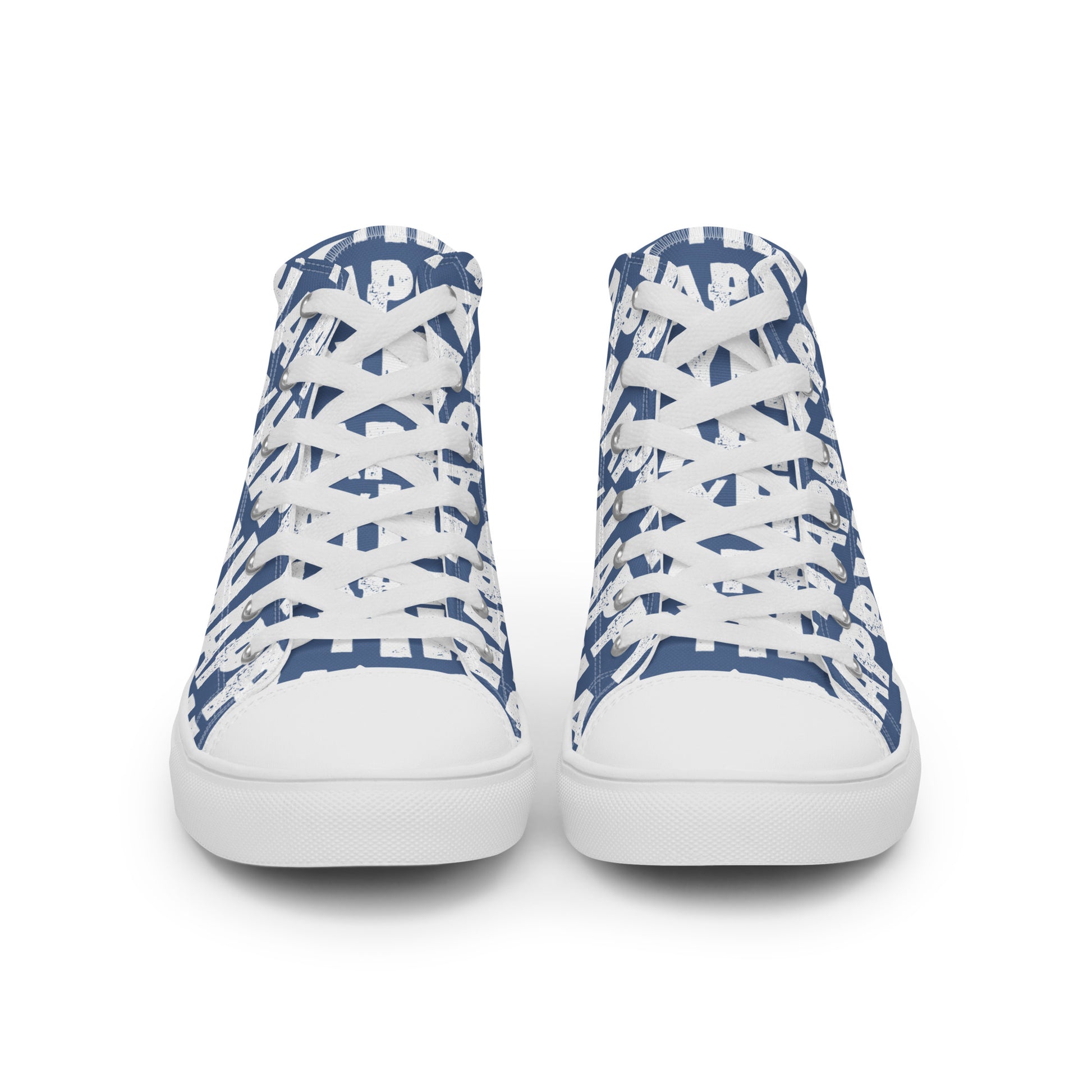 Front view Mens Sneakers denim blue shoes white Happy Sponge Print High Tops Rubber outsole Faux Leather toe cap HappyStuff brand