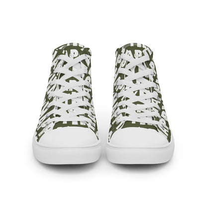 Front view Mens Sneakers khaki green shoes white Happy Sponge Print High Tops Rubber outsole Faux Leather toe cap HappyStuff brand