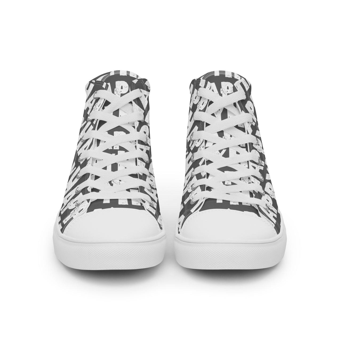 Front view Mens Sneakers slate grey shoes white Happy Sponge Print High Tops Rubber outsole Faux Leather toe cap HappyStuff brand