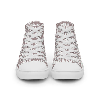 Front view laced up mens sneakers HappyStuff taupe high tops with playful white print Warning This Foot Jiggles When Happy