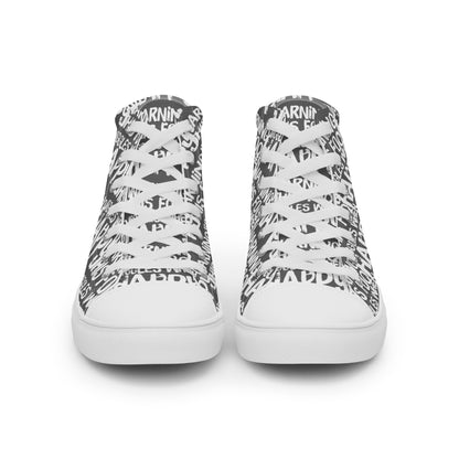 Front view laced up mens sneakers HappyStuff slate grey high tops with playful white print Warning This Foot Jiggles When Happy