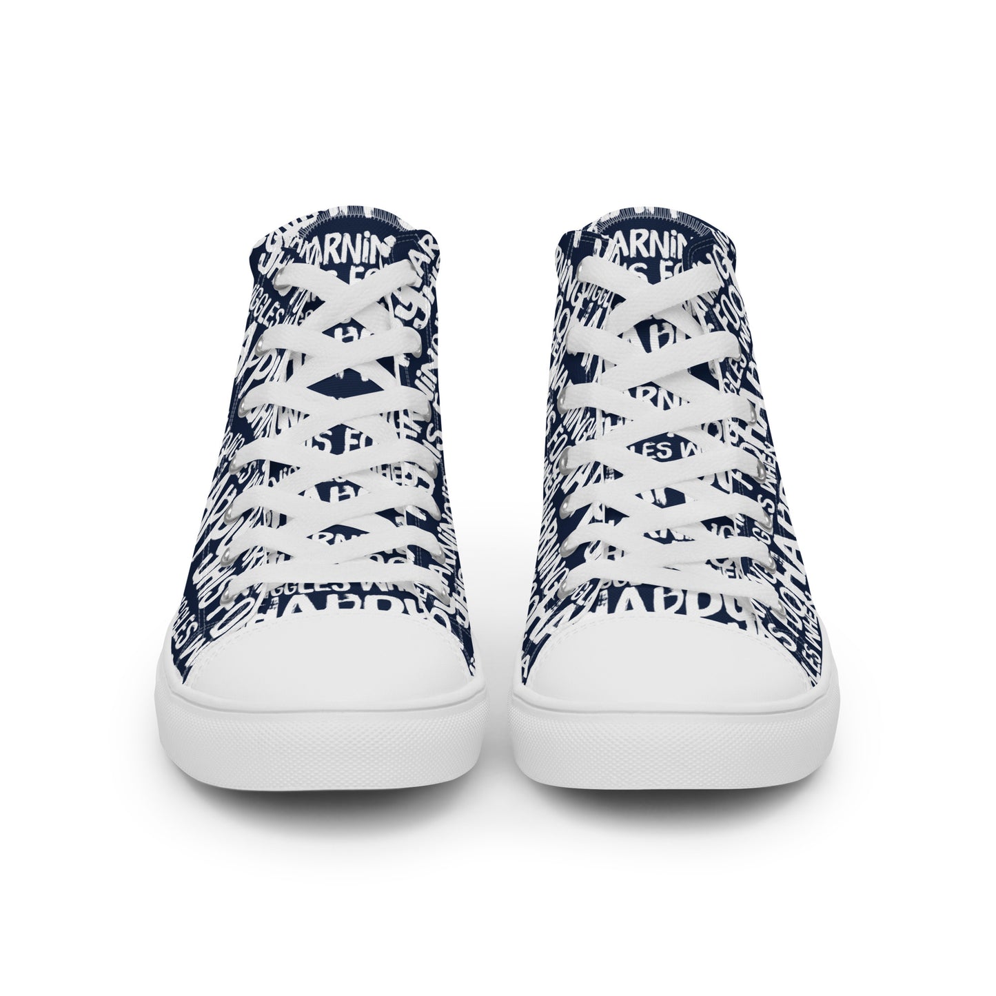 Front view laced up mens sneakers HappyStuff navy blue high tops with playful white print Warning This Foot Jiggles When Happy