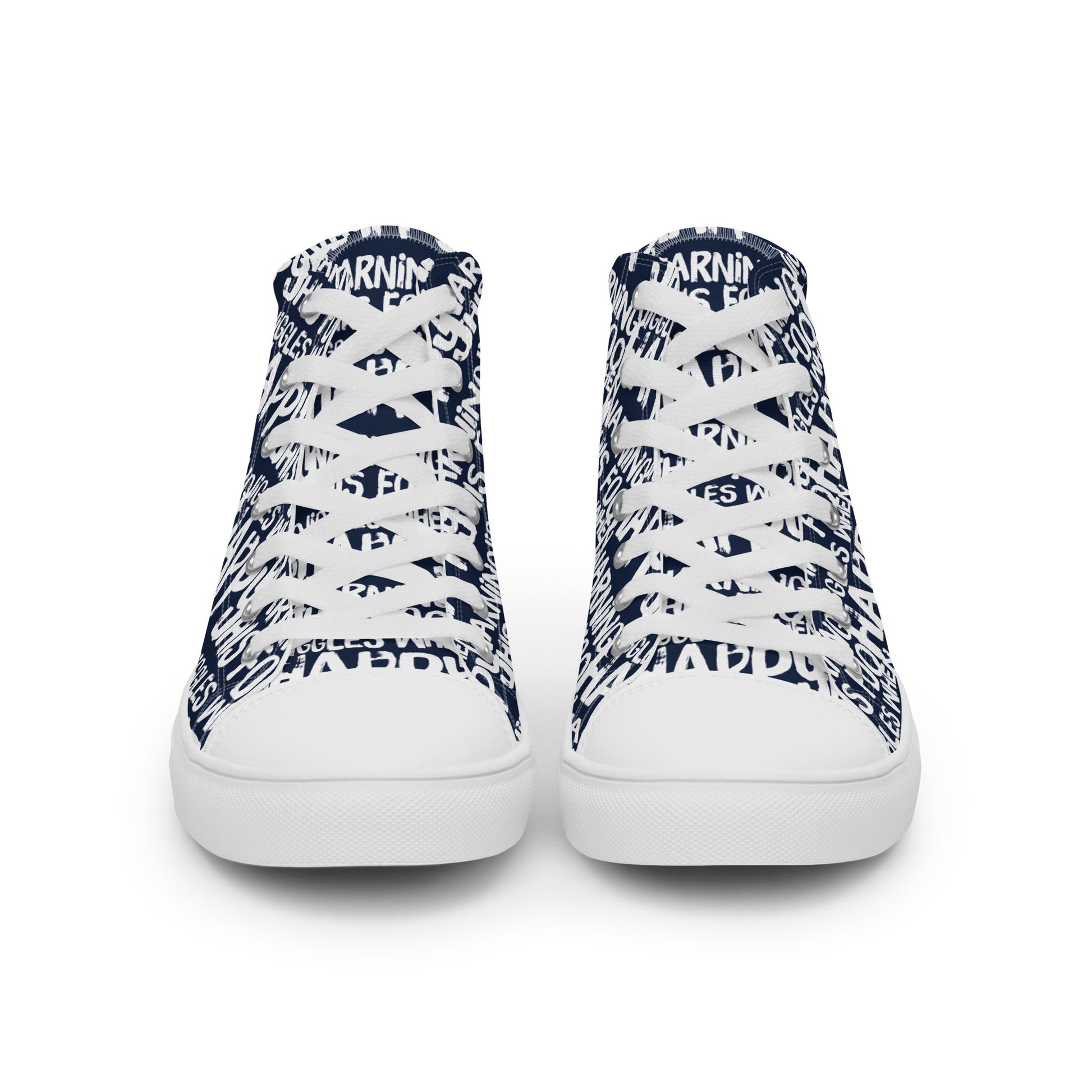 Front view laced up mens sneakers HappyStuff navy blue high tops with playful white print Warning This Foot Jiggles When Happy