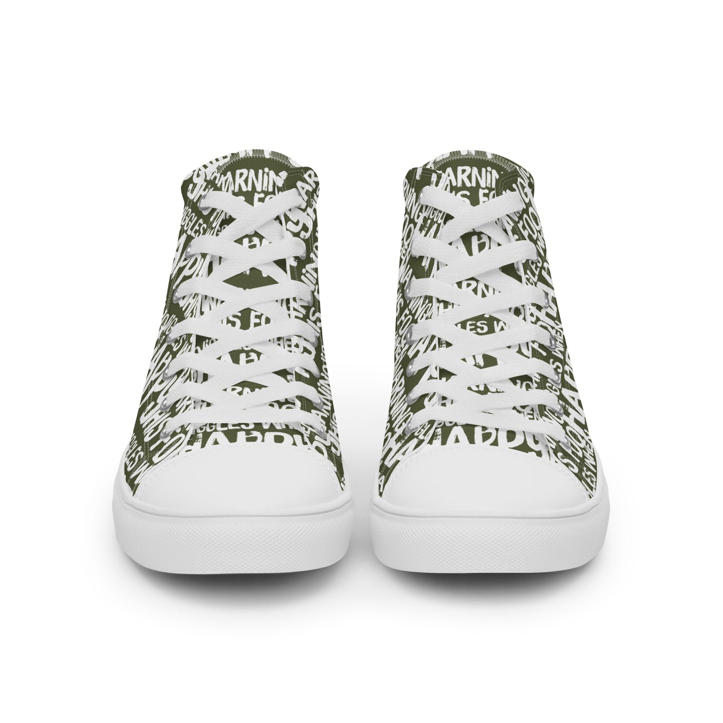 Front view laced up mens sneakers HappyStuff khaki green high tops with playful white print Warning This Foot Jiggles When Happy