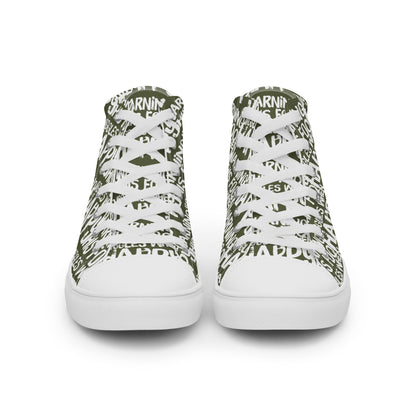 Front view laced up mens sneakers HappyStuff khaki green high tops with playful white print Warning This Foot Jiggles When Happy