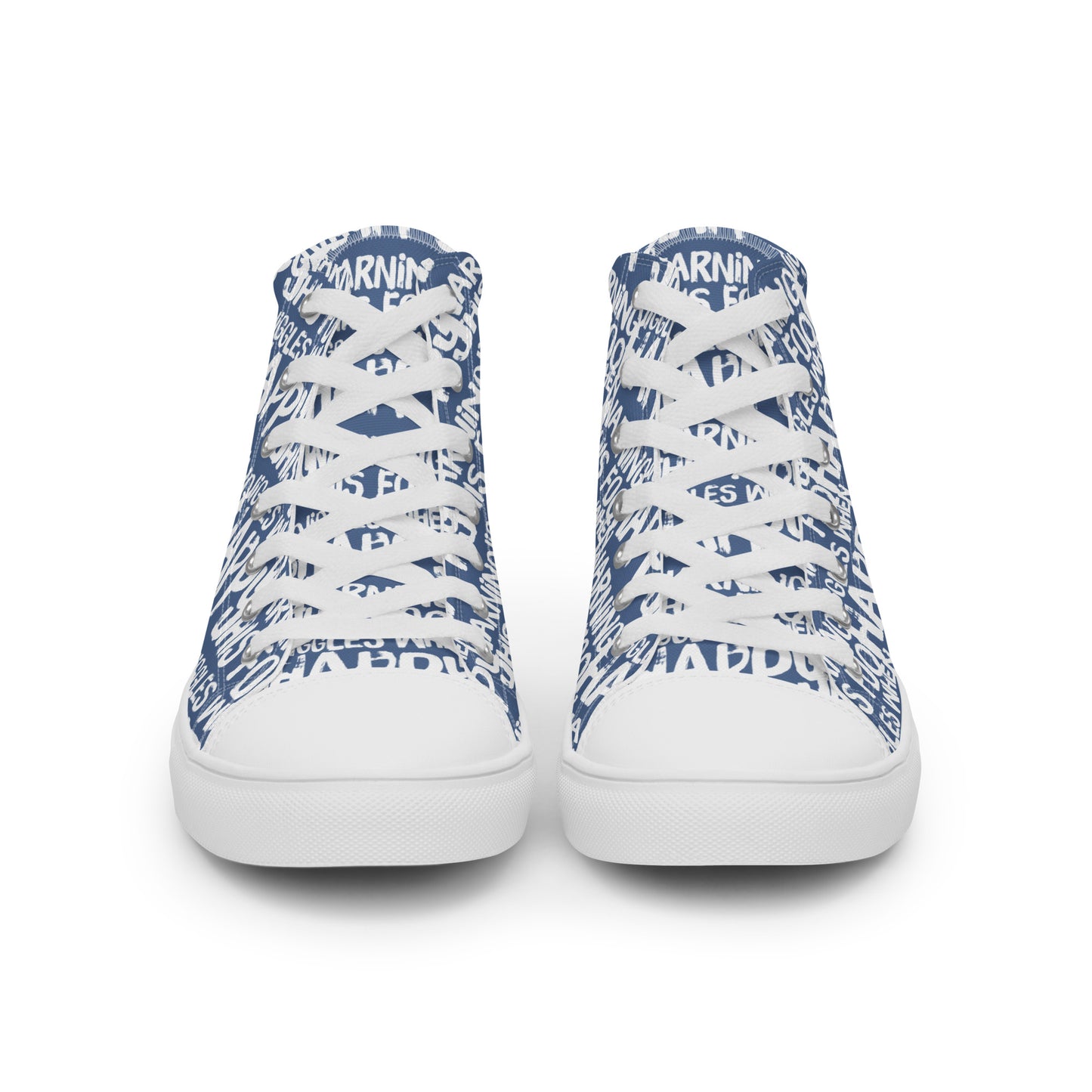 Front view laced up mens sneakers HappyStuff denim blue high tops with playful white print Warning This Foot Jiggles When Happy