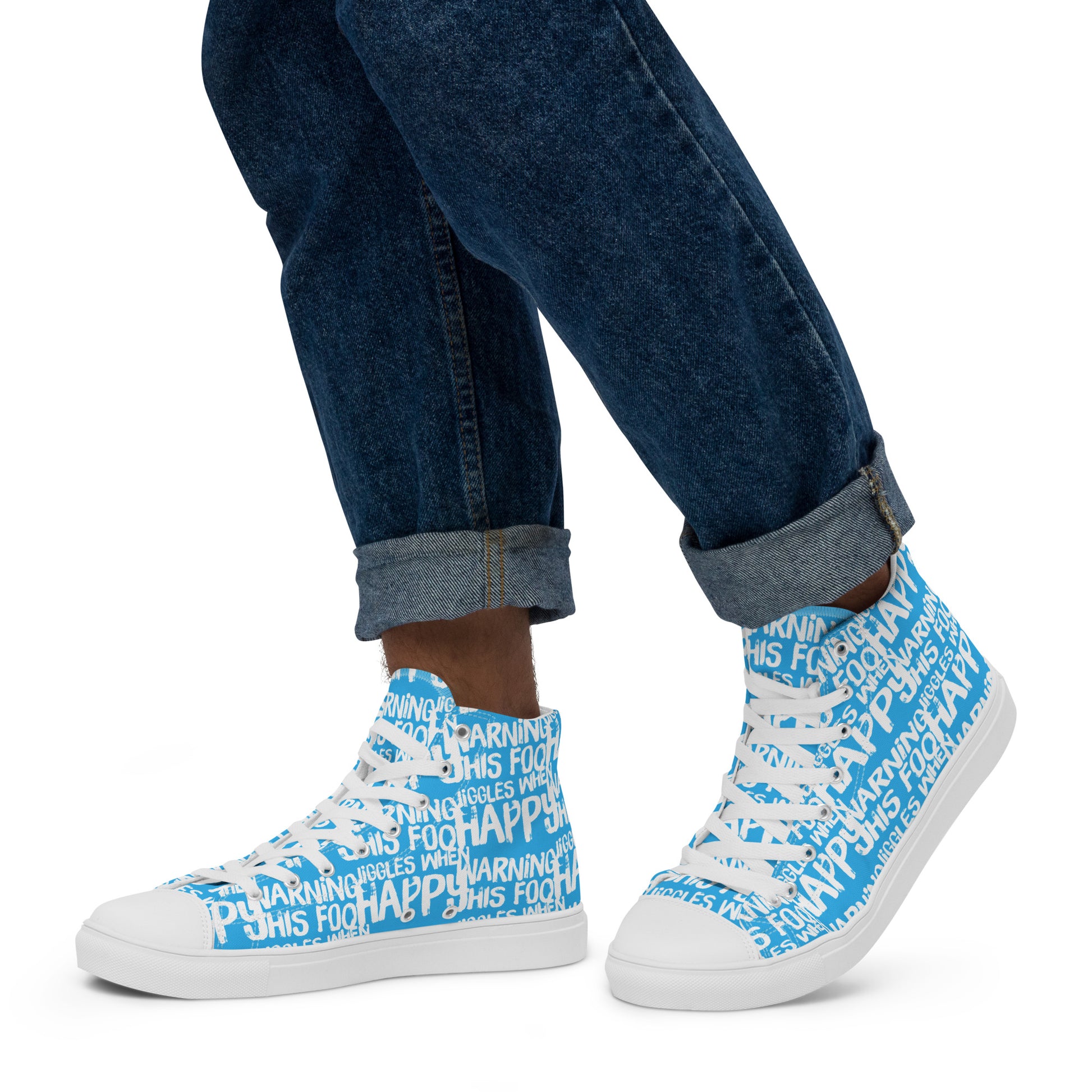 Walking left in mens HappyStuff high tops canvas sneakers edgy print blue and white shoes Warning This Foot Jiggles When Happy